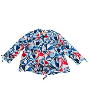 Allison Daley Womens Geometric Print Button Down Tie Front Blouse  Red Blue SZ L